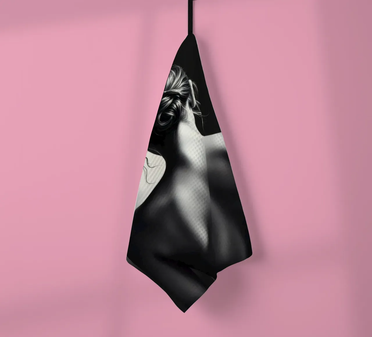 Woman's back portrait in grayscale emphasizing form tea towel by DesignDoodle
