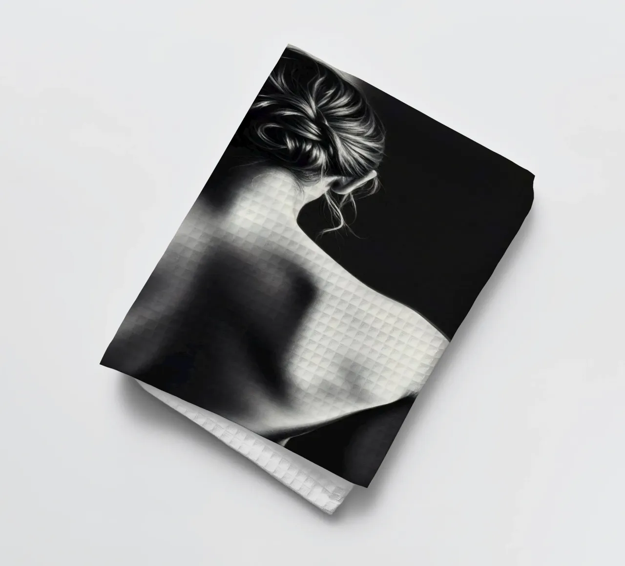 Woman's back portrait in grayscale emphasizing form tea towel by DesignDoodle