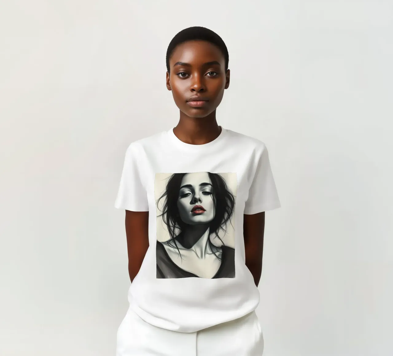 Elegante ritratto di donna dai capelli scuri e dal viso imponente t-shirt da DesignDoodle