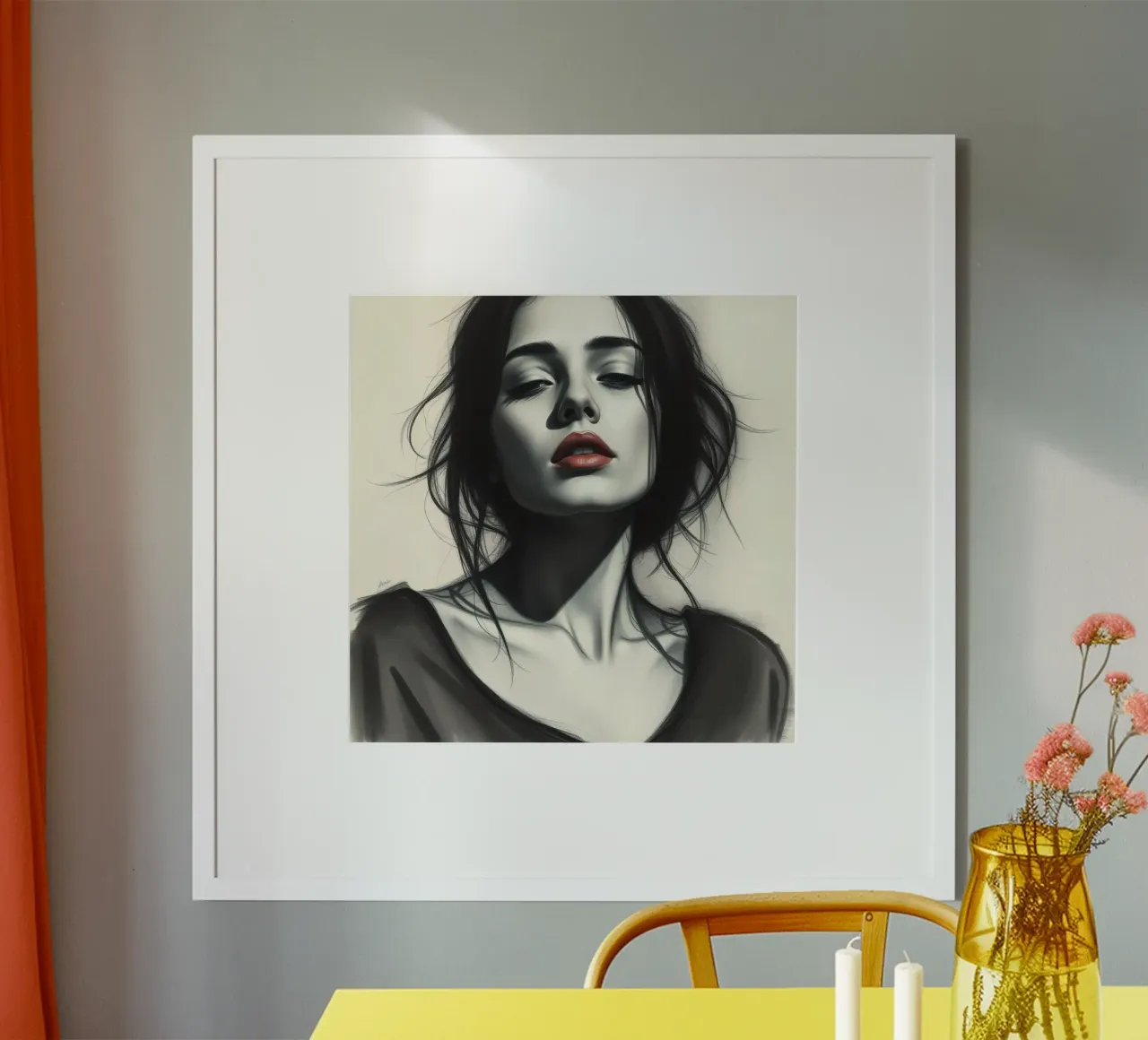 Elegante ritratto di donna dai capelli scuri e dal viso imponente poster con telaio in legno da DesignDoodle