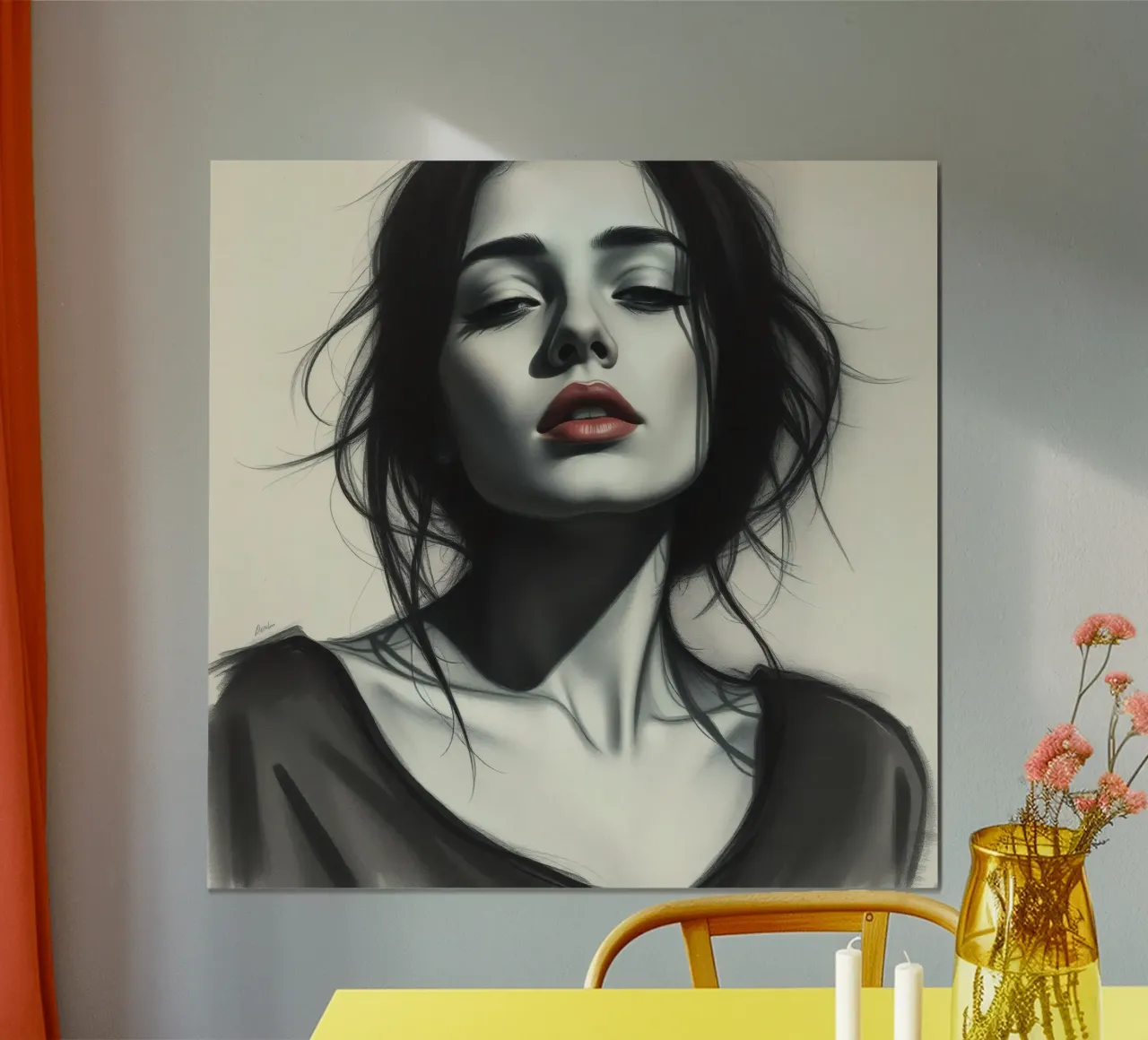 Elegante ritratto di donna dai capelli scuri e dal viso imponente poster con telaio in legno da DesignDoodle