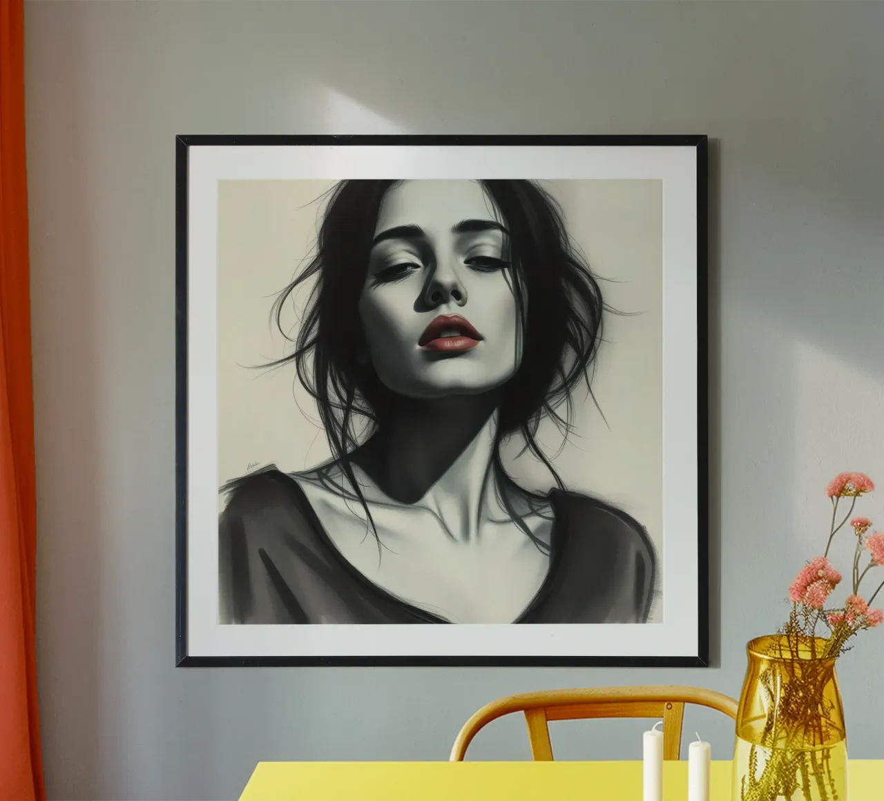 Elegante ritratto di donna dai capelli scuri e dal viso imponente poster con telaio in legno da DesignDoodle