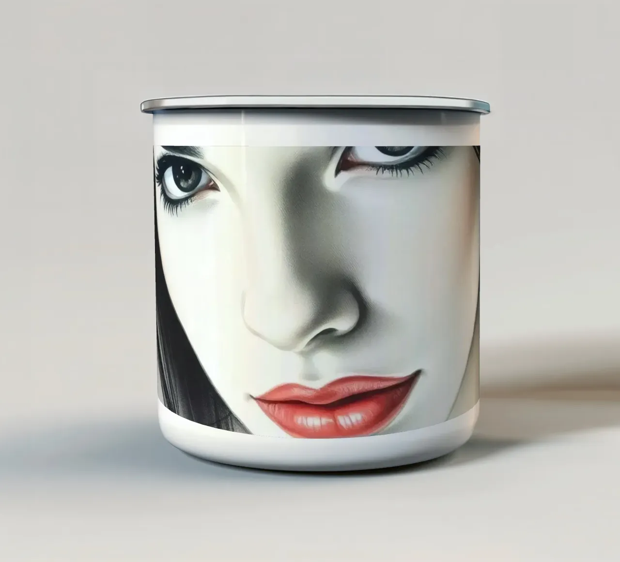 Accattivante ritratto di una giovane donna dai lineamenti marcati tazza in smalto da DesignDoodle