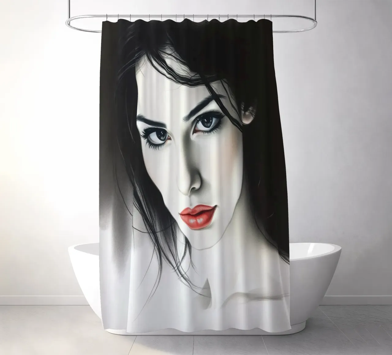Captivating portrait of a young woman with striking features shower curtain by DesignDoodle