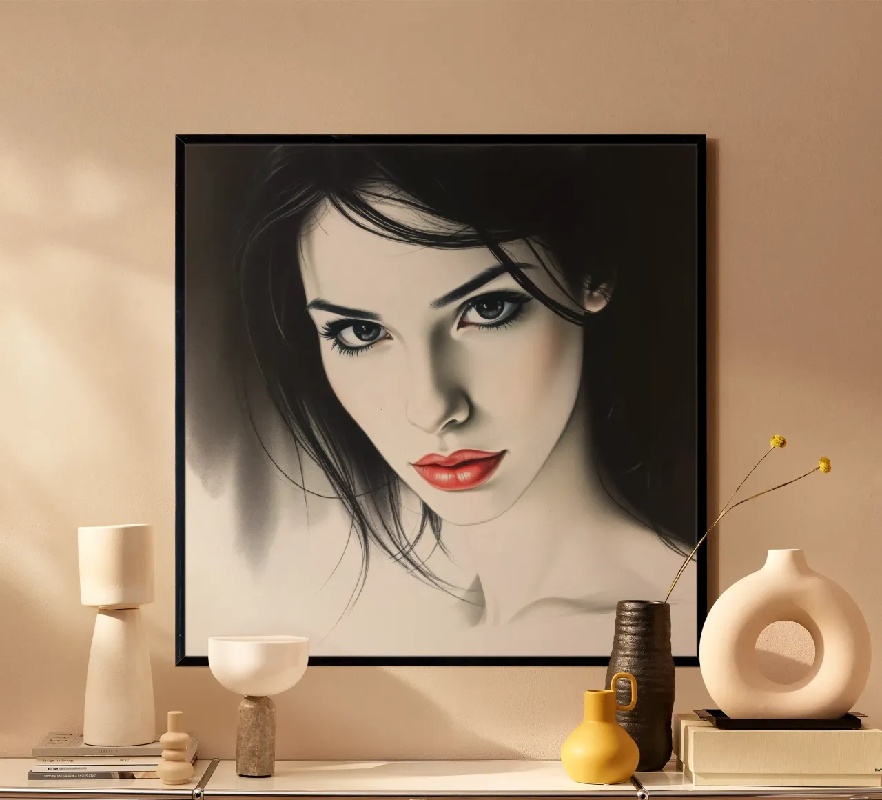 Portrait captivant d'une jeune femme aux traits remarquables poster avec cadre en aluminium de DesignDoodle