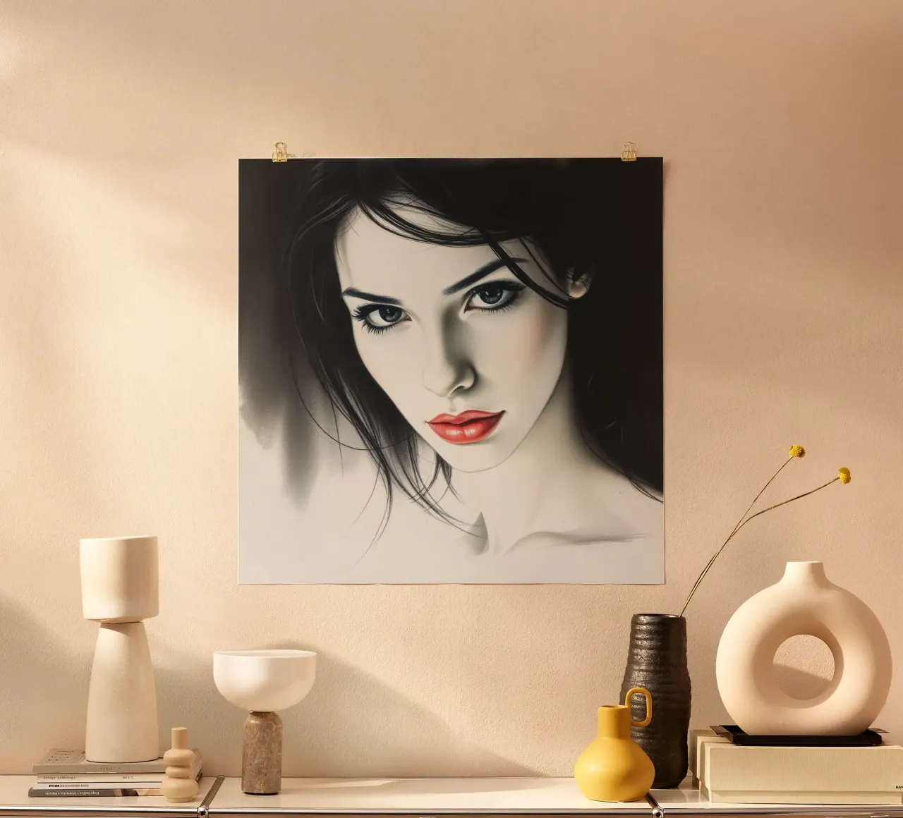 Portrait captivant d'une jeune femme aux traits remarquables poster avec cadre en aluminium de DesignDoodle