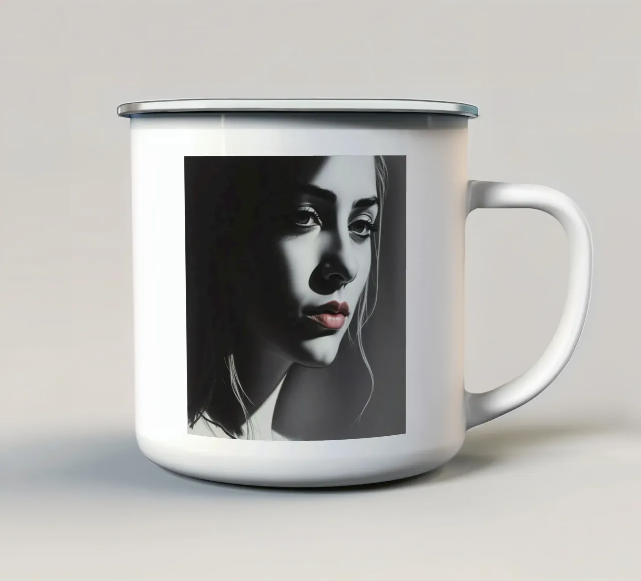 Ritratto di una giovane donna con luci soffuse tazza in smalto da DesignDoodle