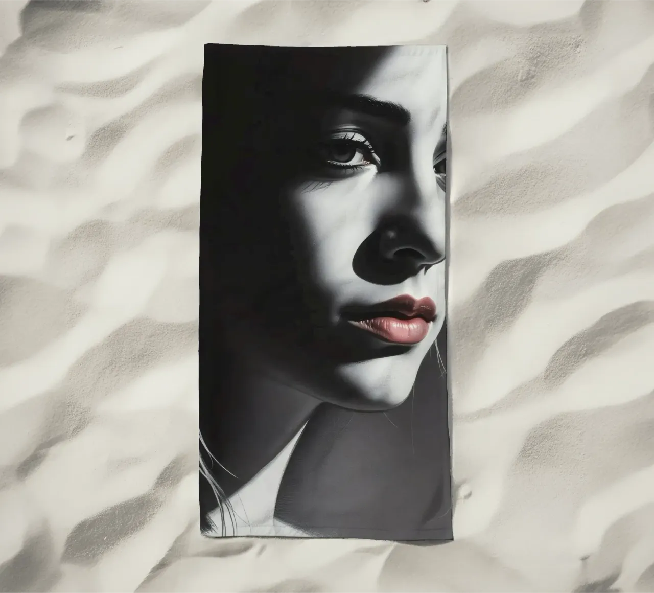 Ritratto di una giovane donna con luci soffuse telo mare da DesignDoodle