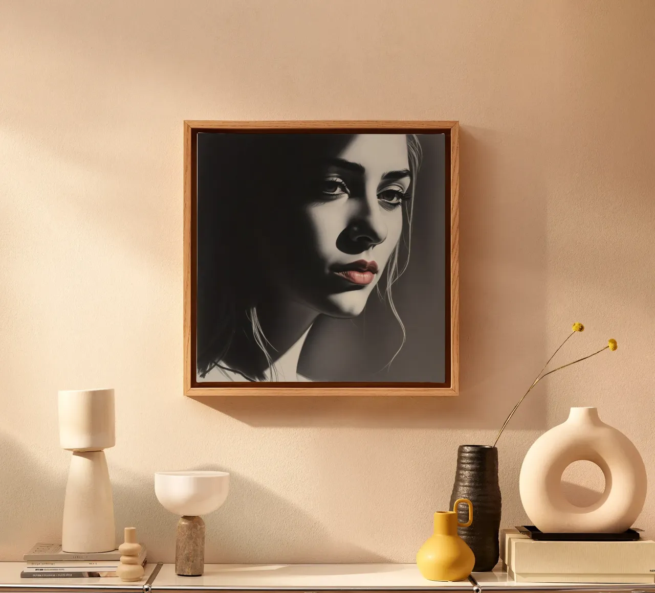 Ritratto di una giovane donna con luci soffuse tela con Cornice a cassetta da DesignDoodle