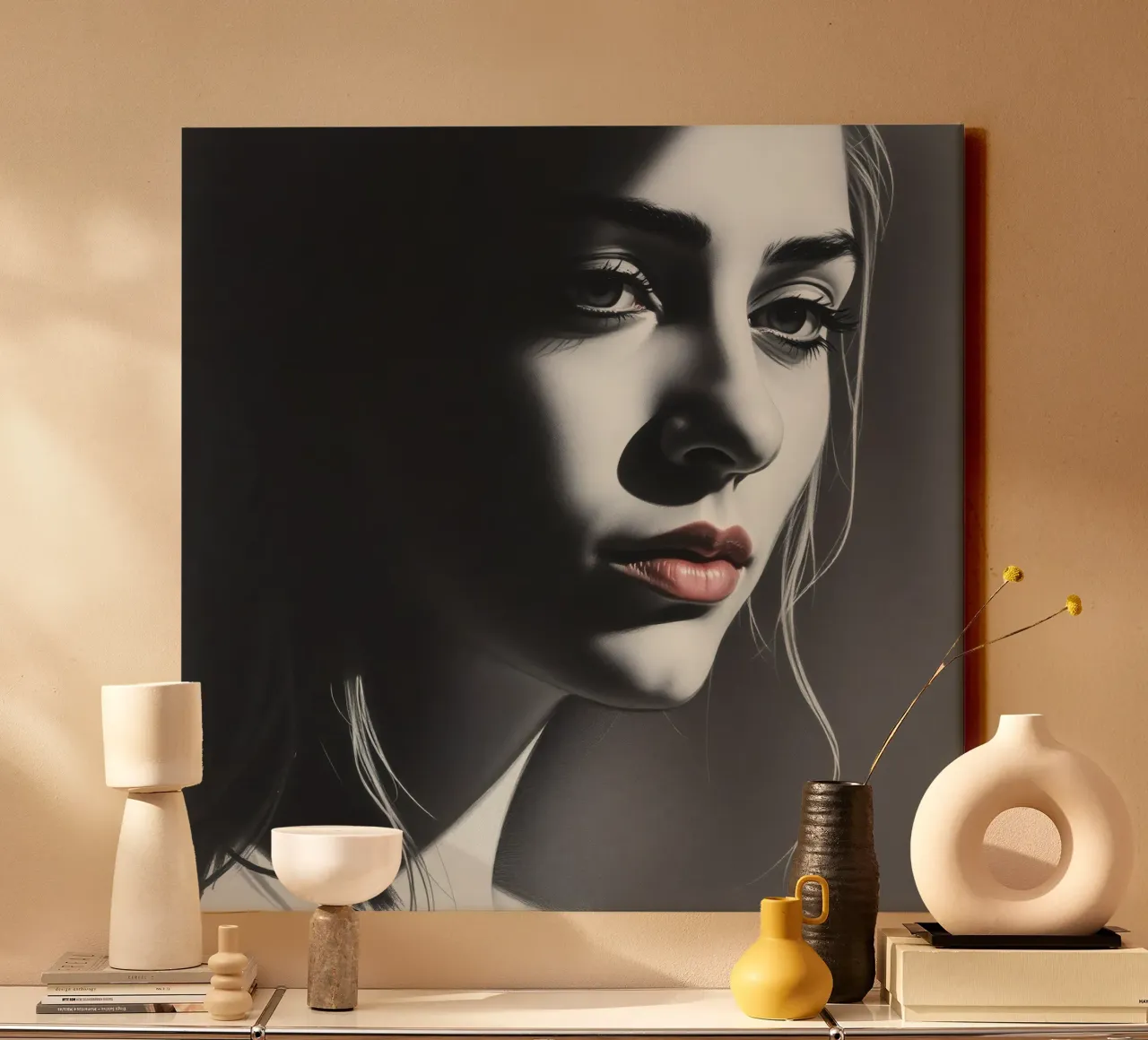 Ritratto di una giovane donna con luci soffuse tela con Cornice a cassetta da DesignDoodle