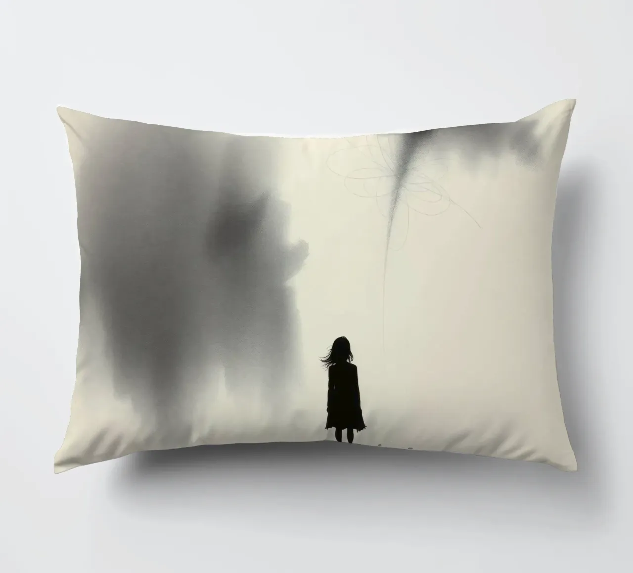sagoma di una ragazza in piedi tra ombre vorticose cuscino da DesignDoodle