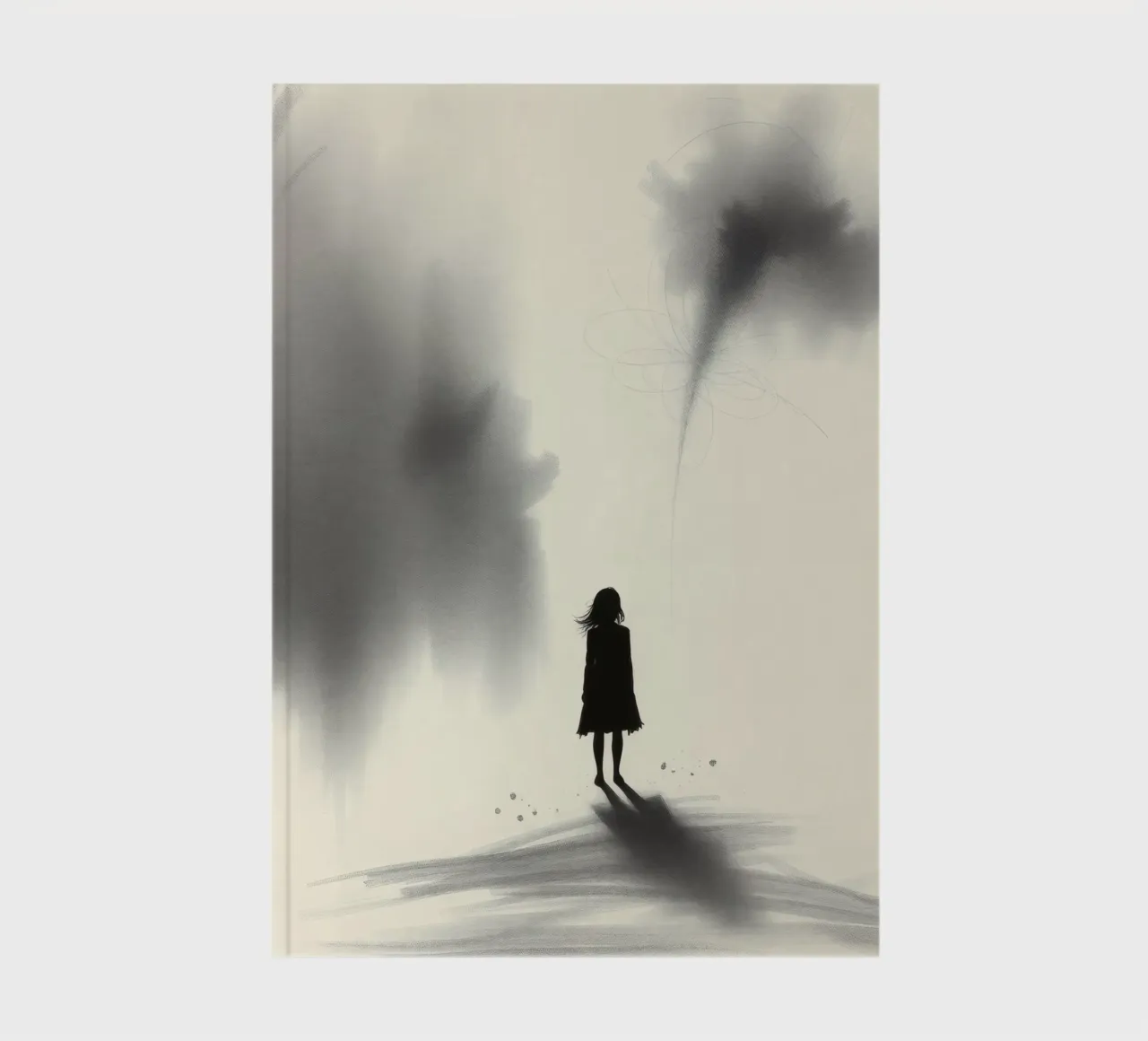 sagoma di una ragazza in piedi tra ombre vorticose diario da DesignDoodle