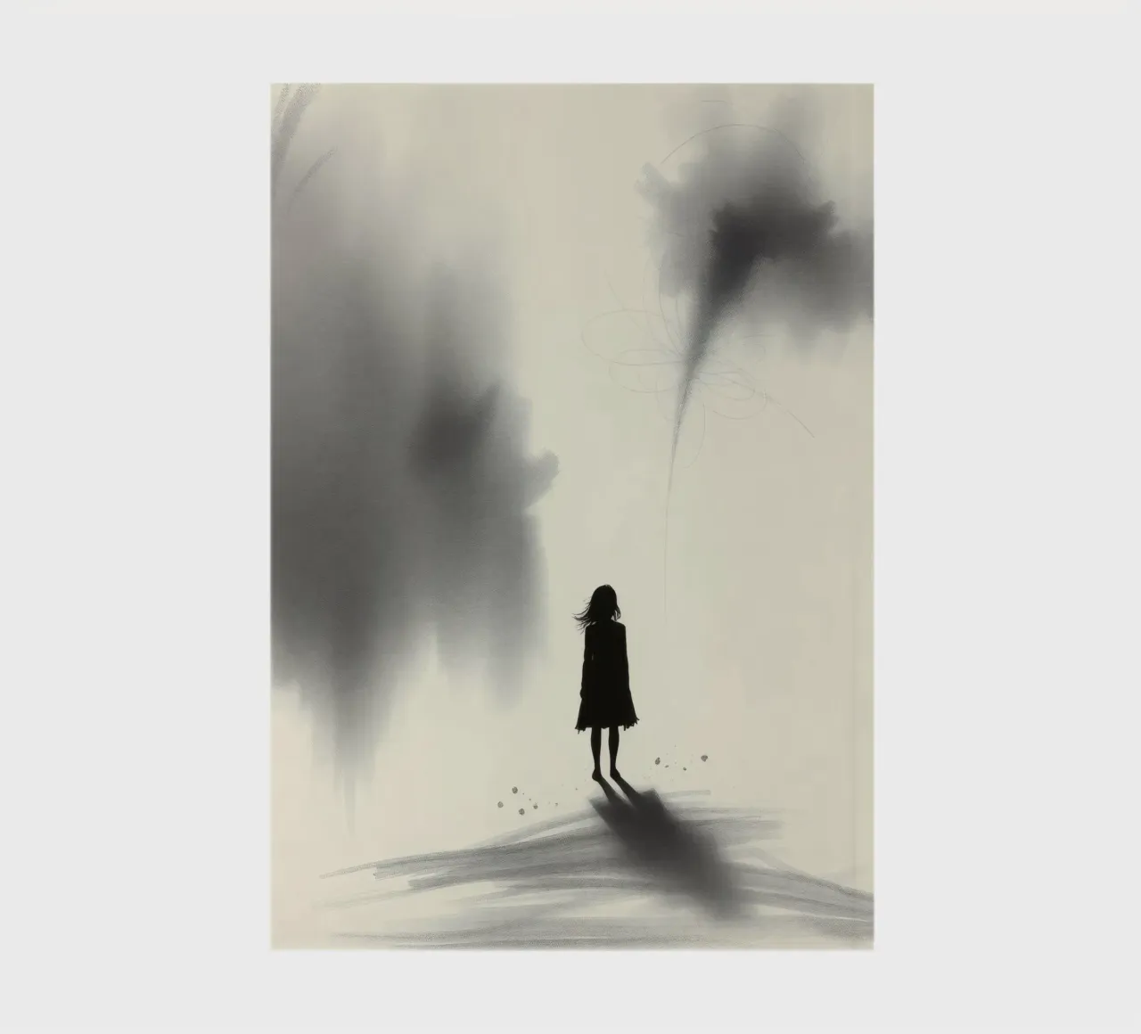 sagoma di una ragazza in piedi tra ombre vorticose diario da DesignDoodle