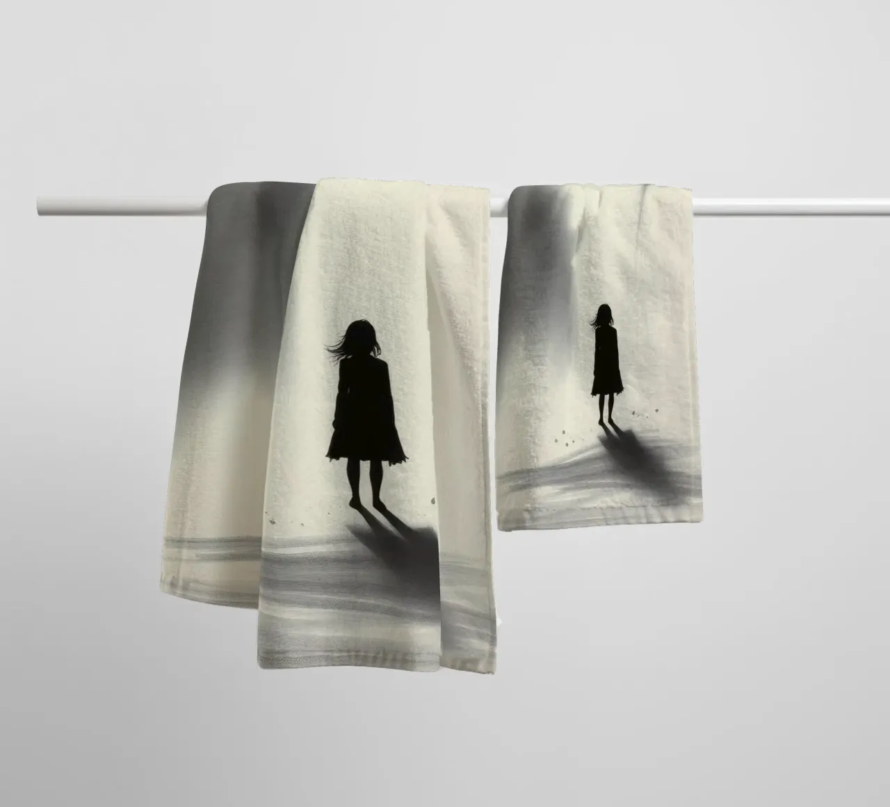 sagoma di una ragazza in piedi tra ombre vorticose asciugamano da bagno da DesignDoodle
