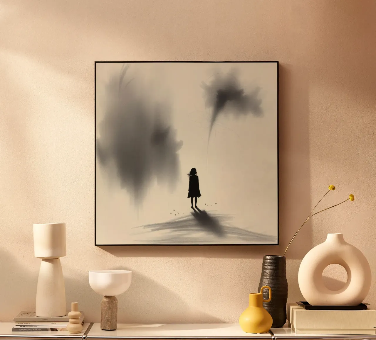 sagoma di una ragazza in piedi tra ombre vorticose plexiglass da DesignDoodle