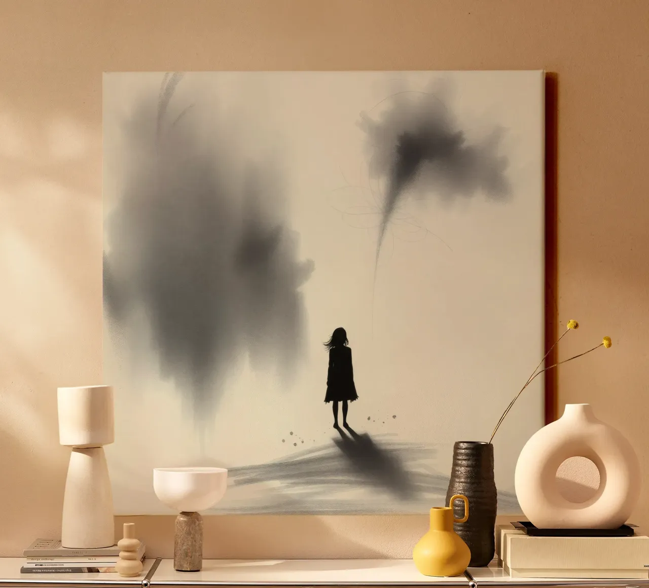 sagoma di una ragazza in piedi tra ombre vorticose tela da DesignDoodle