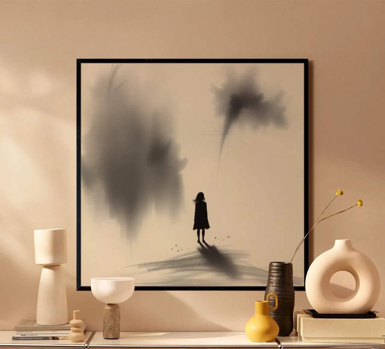 sagoma di una ragazza in piedi tra ombre vorticose carta hahnemühle da DesignDoodle