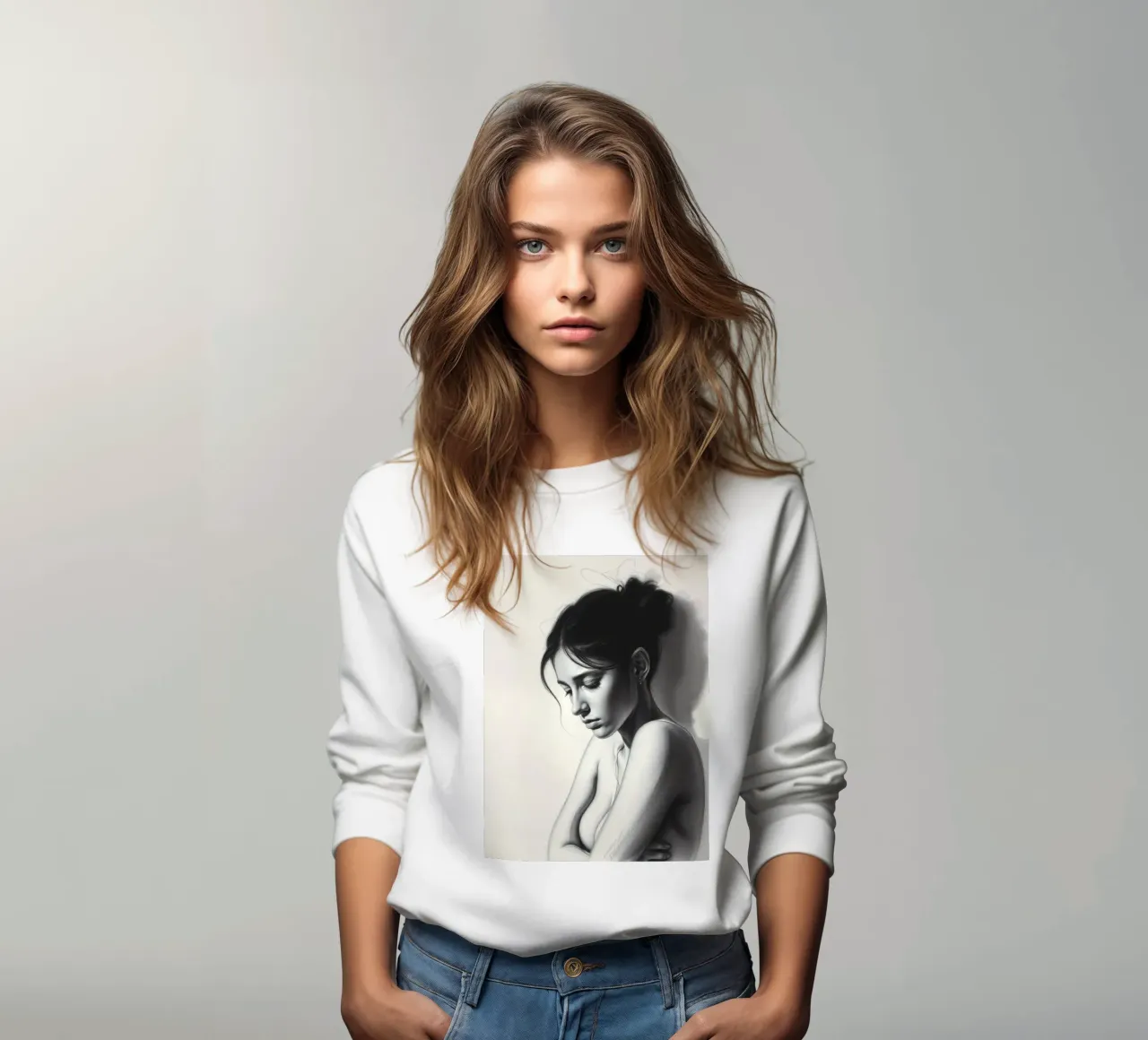 Femme prenant une pose réfléchie avec des ombres subtiles et une lumière douce sweat de DesignDoodle