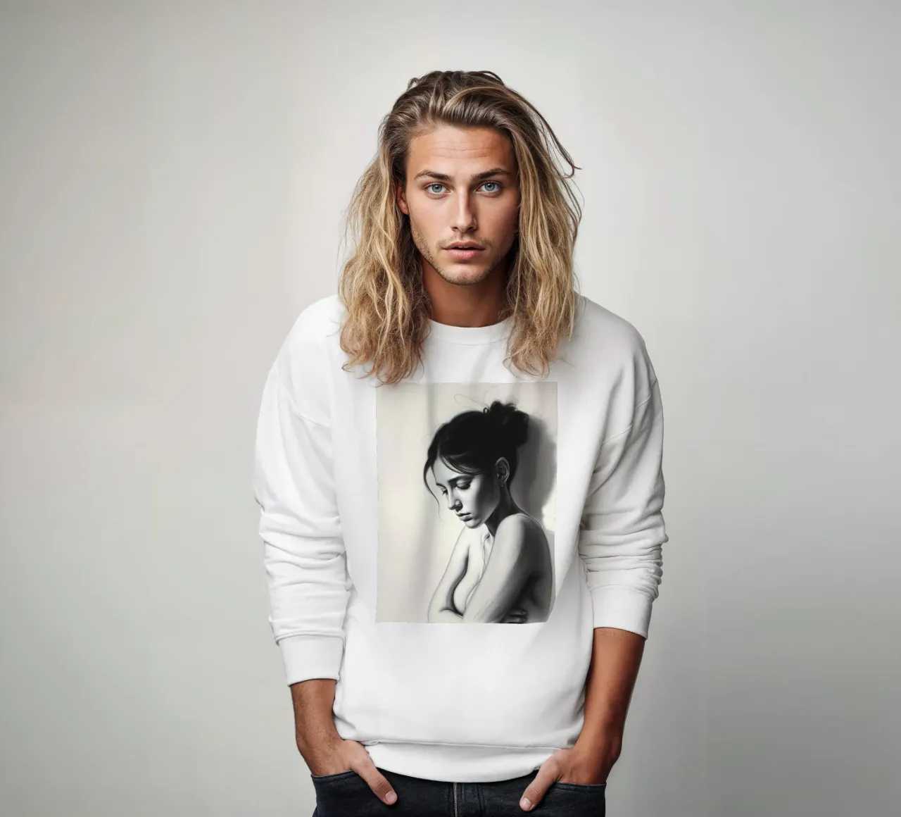 Femme prenant une pose réfléchie avec des ombres subtiles et une lumière douce sweat de DesignDoodle