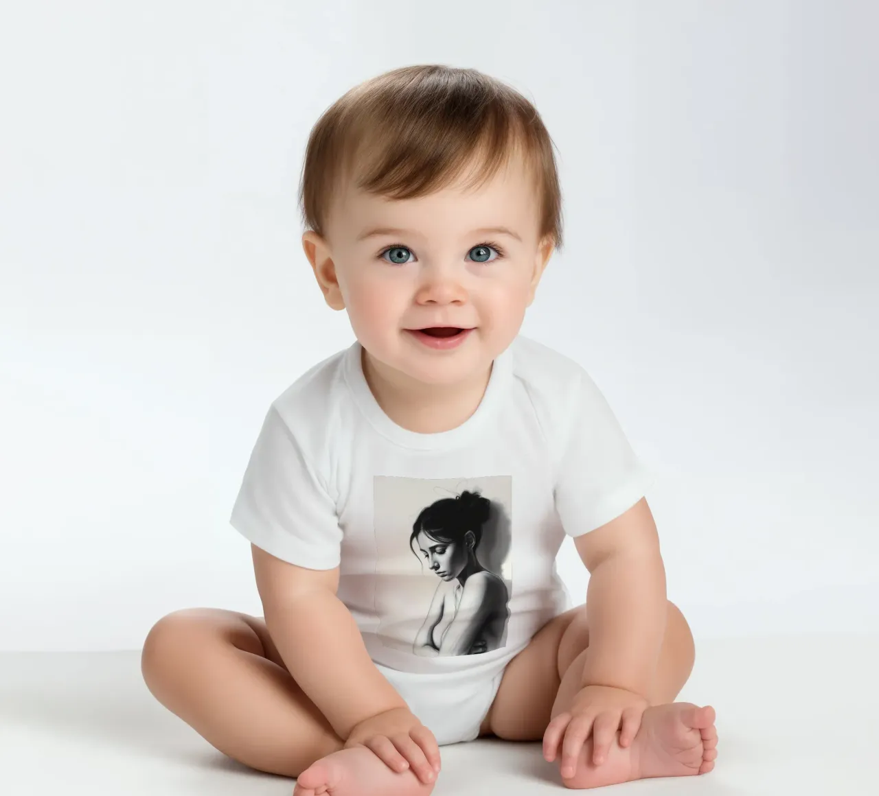 Vrouw in bedachtzame pose met subtiele schaduwen en zacht licht babyrompertje korte mouwen van DesignDoodle