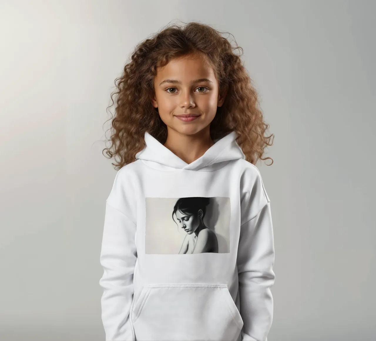 Femme prenant une pose réfléchie avec des ombres subtiles et une lumière douce sweat à capuche enfant de DesignDoodle
