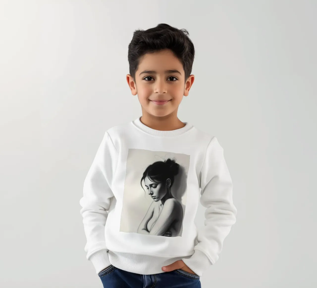 Donna in posa riflessiva con ombre sottili e luce morbida felpa bambino da DesignDoodle