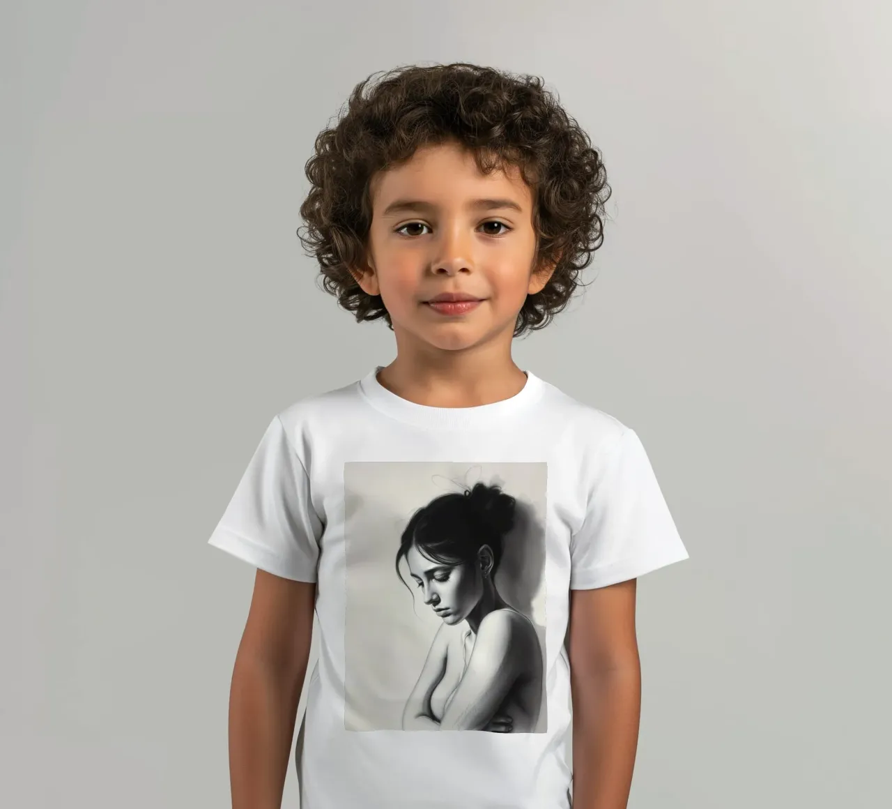 Vrouw in bedachtzame pose met subtiele schaduwen en zacht licht kinder t-shirt van DesignDoodle