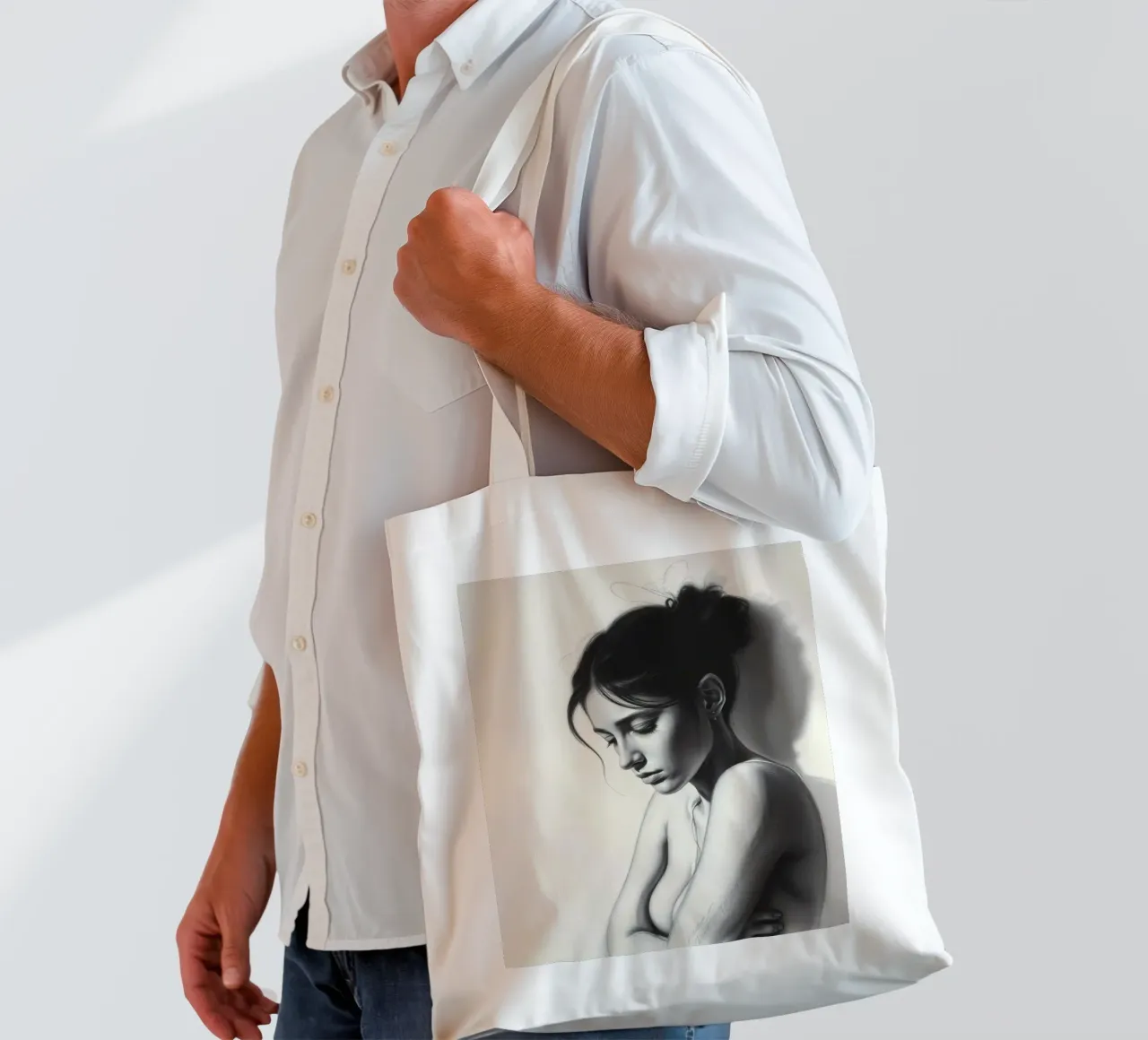 Vrouw in bedachtzame pose met subtiele schaduwen en zacht licht jute draagtas van DesignDoodle