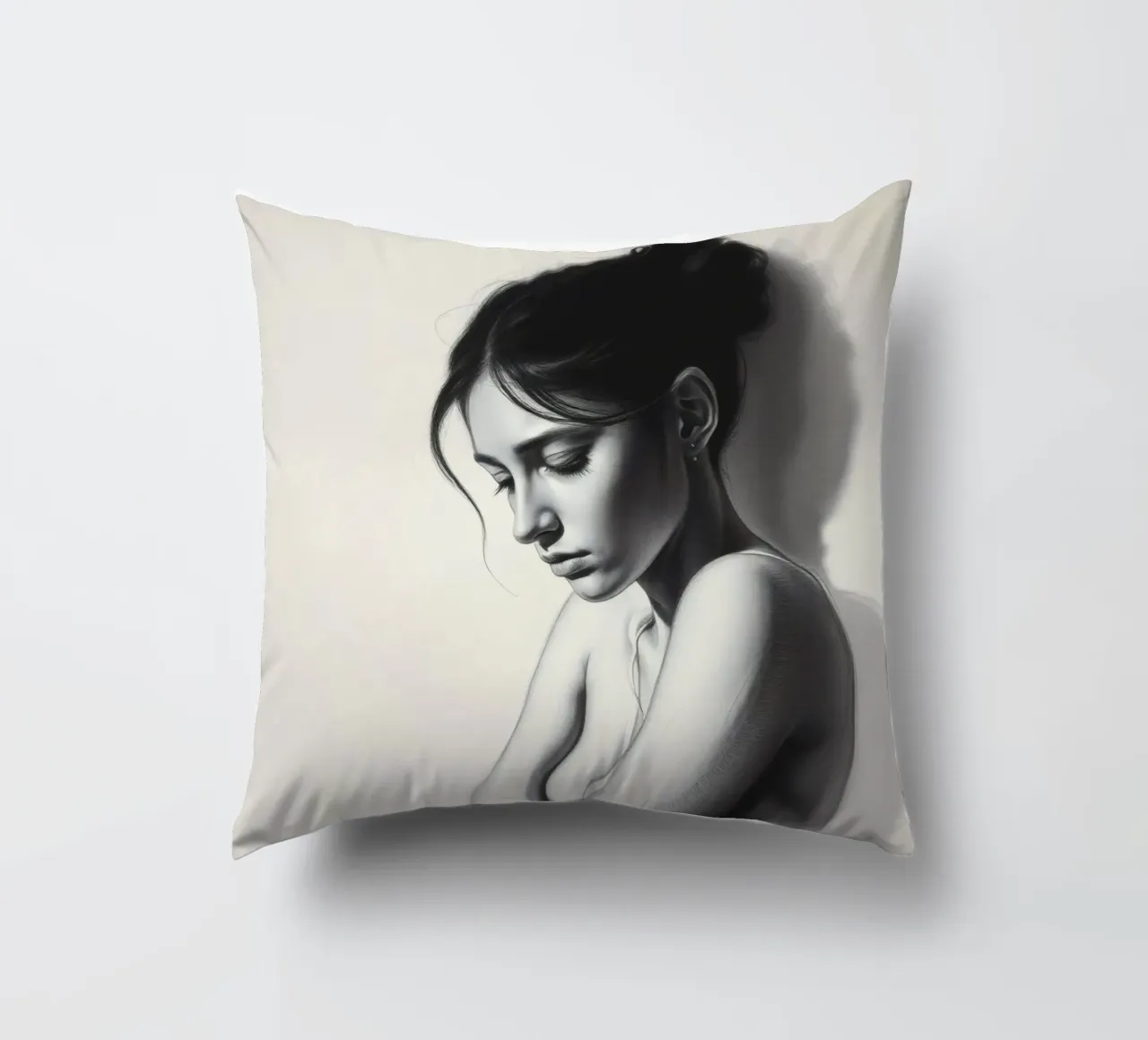 Donna in posa riflessiva con ombre sottili e luce morbida cuscino da DesignDoodle