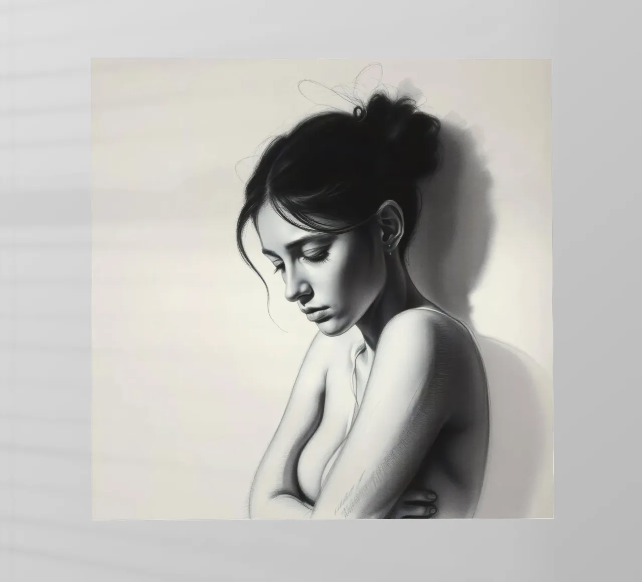 Donna in posa riflessiva con ombre sottili e luce morbida pellicola backlit da DesignDoodle