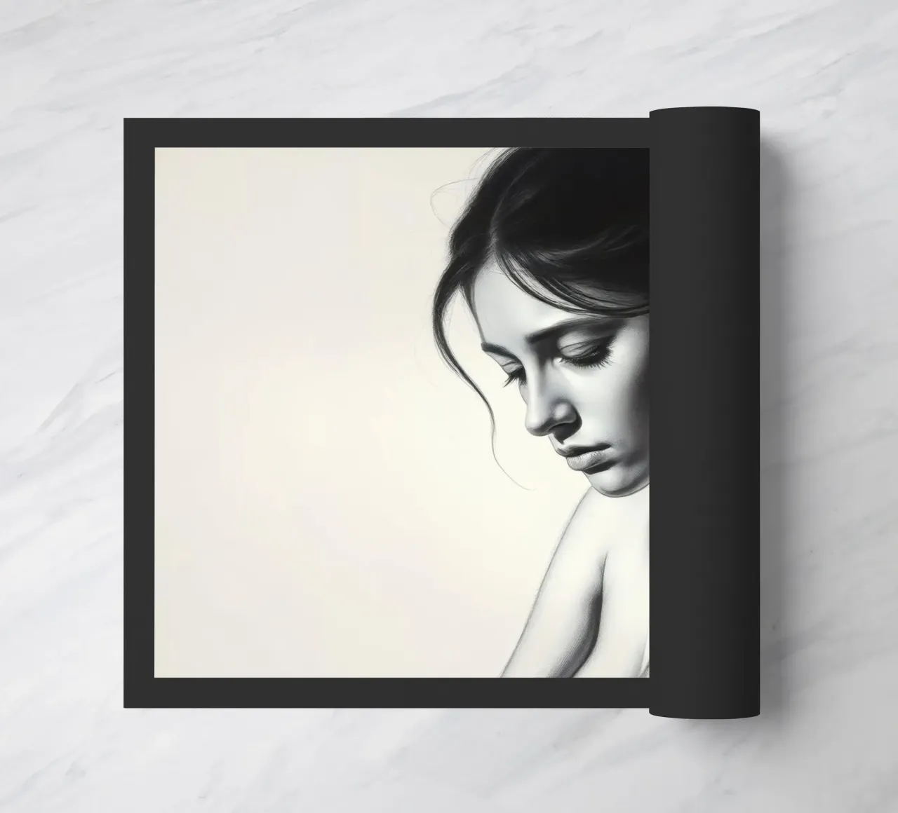 Femme prenant une pose réfléchie avec des ombres subtiles et une lumière douce paillasson de DesignDoodle