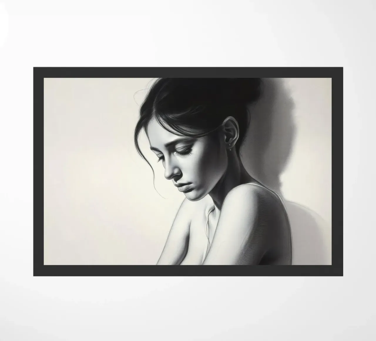 Femme prenant une pose réfléchie avec des ombres subtiles et une lumière douce paillasson de DesignDoodle