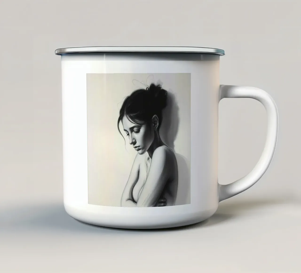 Donna in posa riflessiva con ombre sottili e luce morbida tazza in smalto da DesignDoodle
