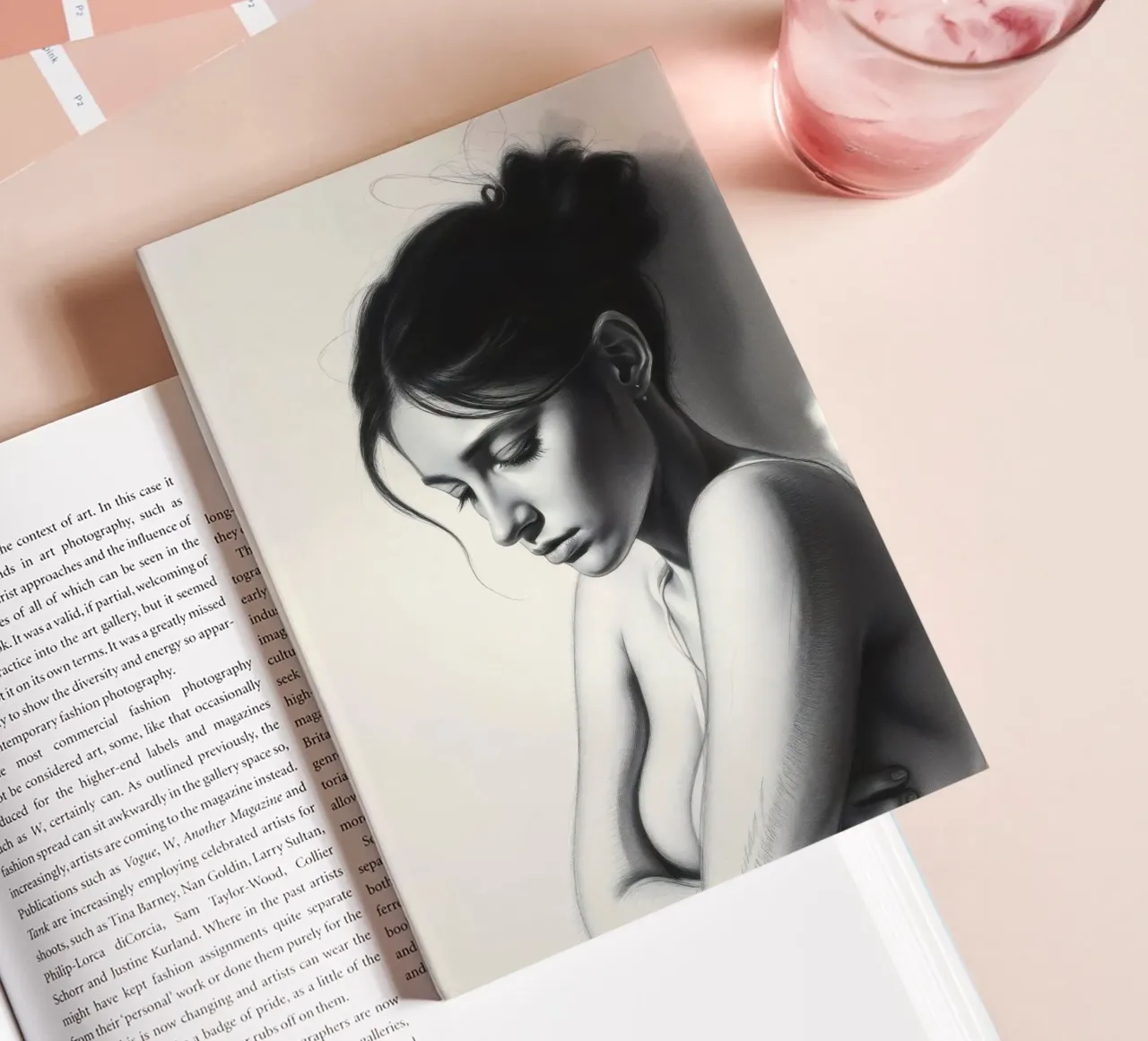 Woman in thoughtful pose with subtle shadows and soft light notebook by DesignDoodle