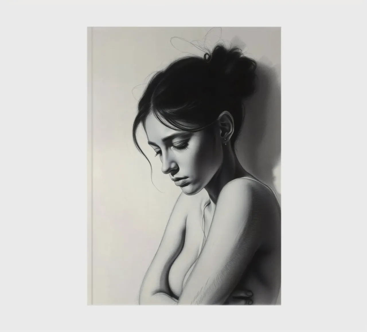 Woman in thoughtful pose with subtle shadows and soft light notebook by DesignDoodle