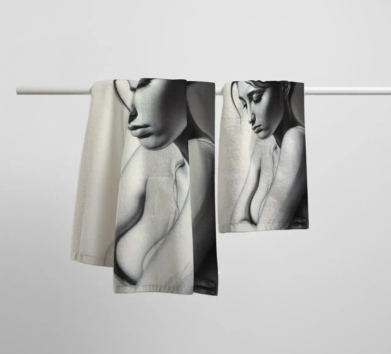 Vrouw in bedachtzame pose met subtiele schaduwen en zacht licht badhanddoek van DesignDoodle