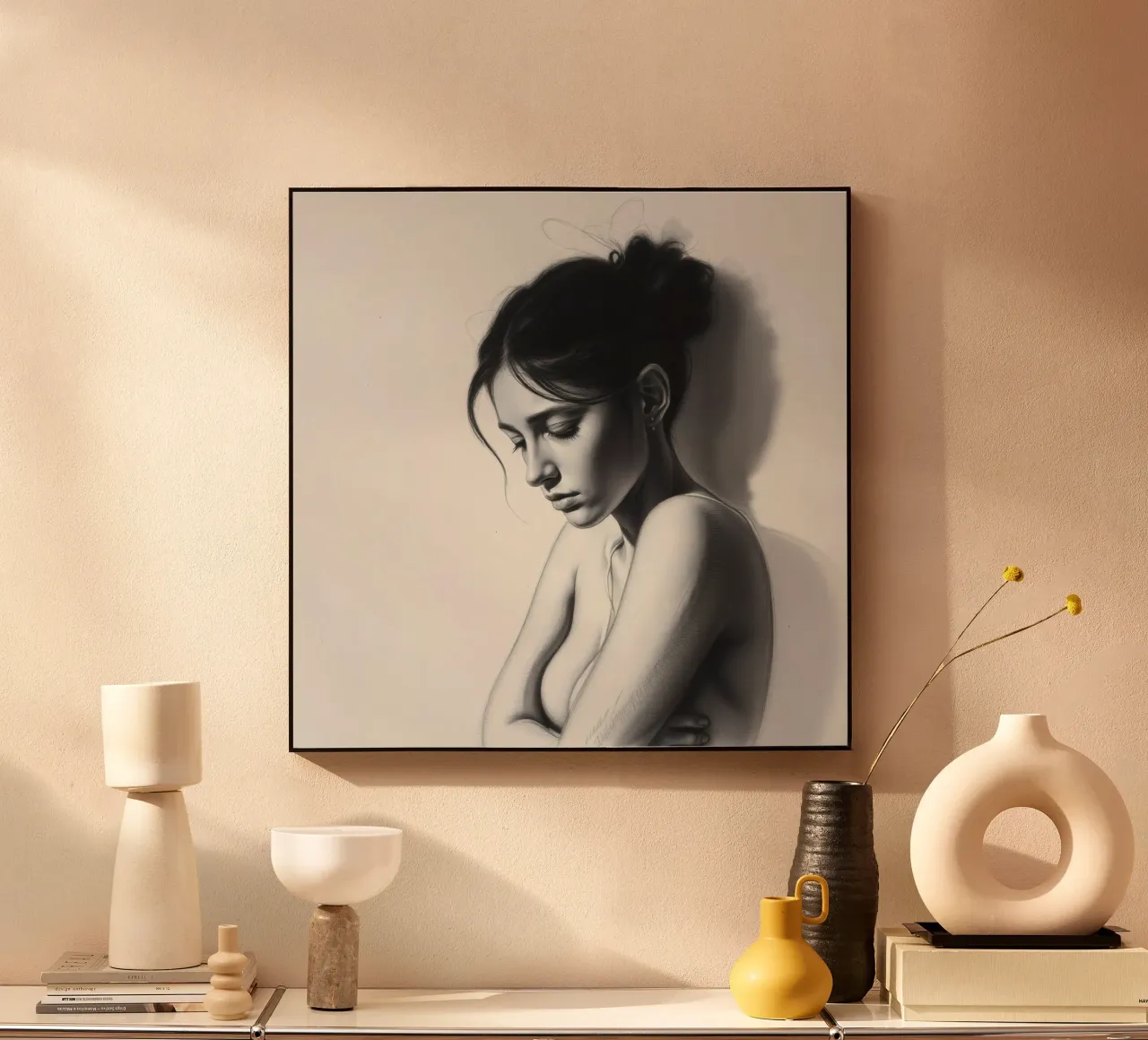 Femme prenant une pose réfléchie avec des ombres subtiles et une lumière douce alu dibond de DesignDoodle