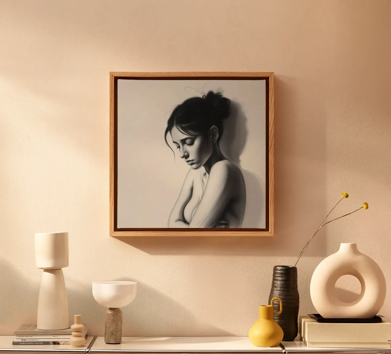 Vrouw in bedachtzame pose met subtiele schaduwen en zacht licht canvas van DesignDoodle