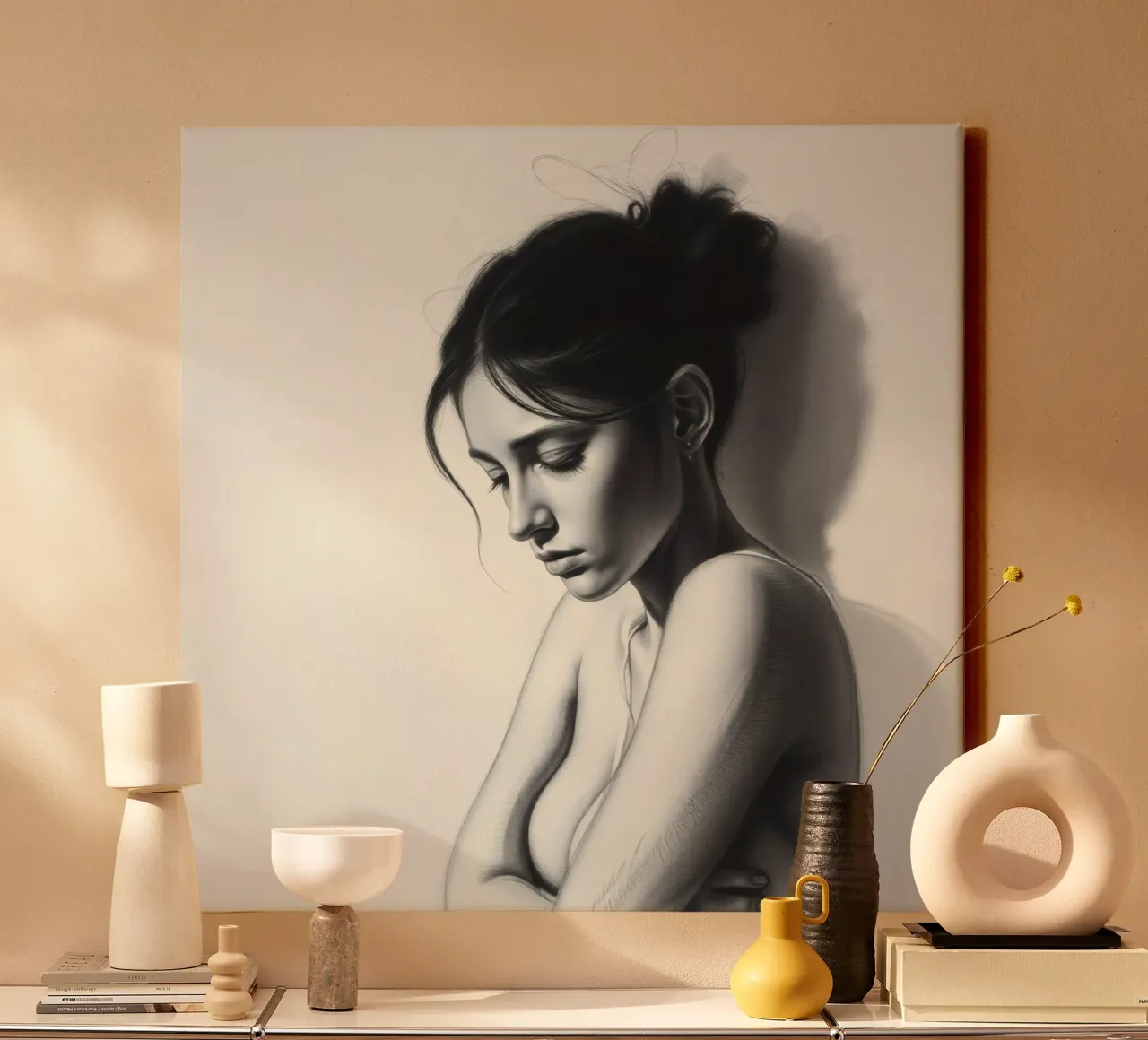 Vrouw in bedachtzame pose met subtiele schaduwen en zacht licht canvas van DesignDoodle