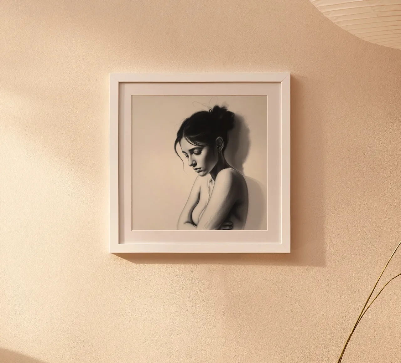 Woman in thoughtful pose with subtle shadows and soft light hahnemühle by DesignDoodle