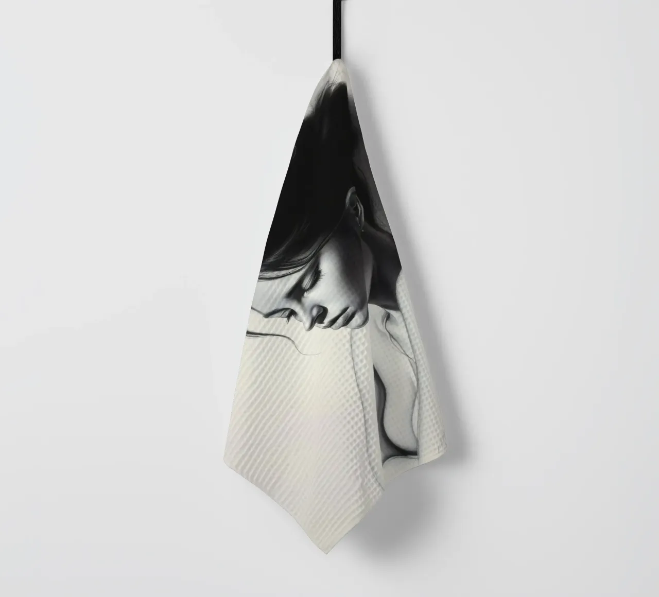 Femme prenant une pose réfléchie avec des ombres subtiles et une lumière douce torchon de DesignDoodle