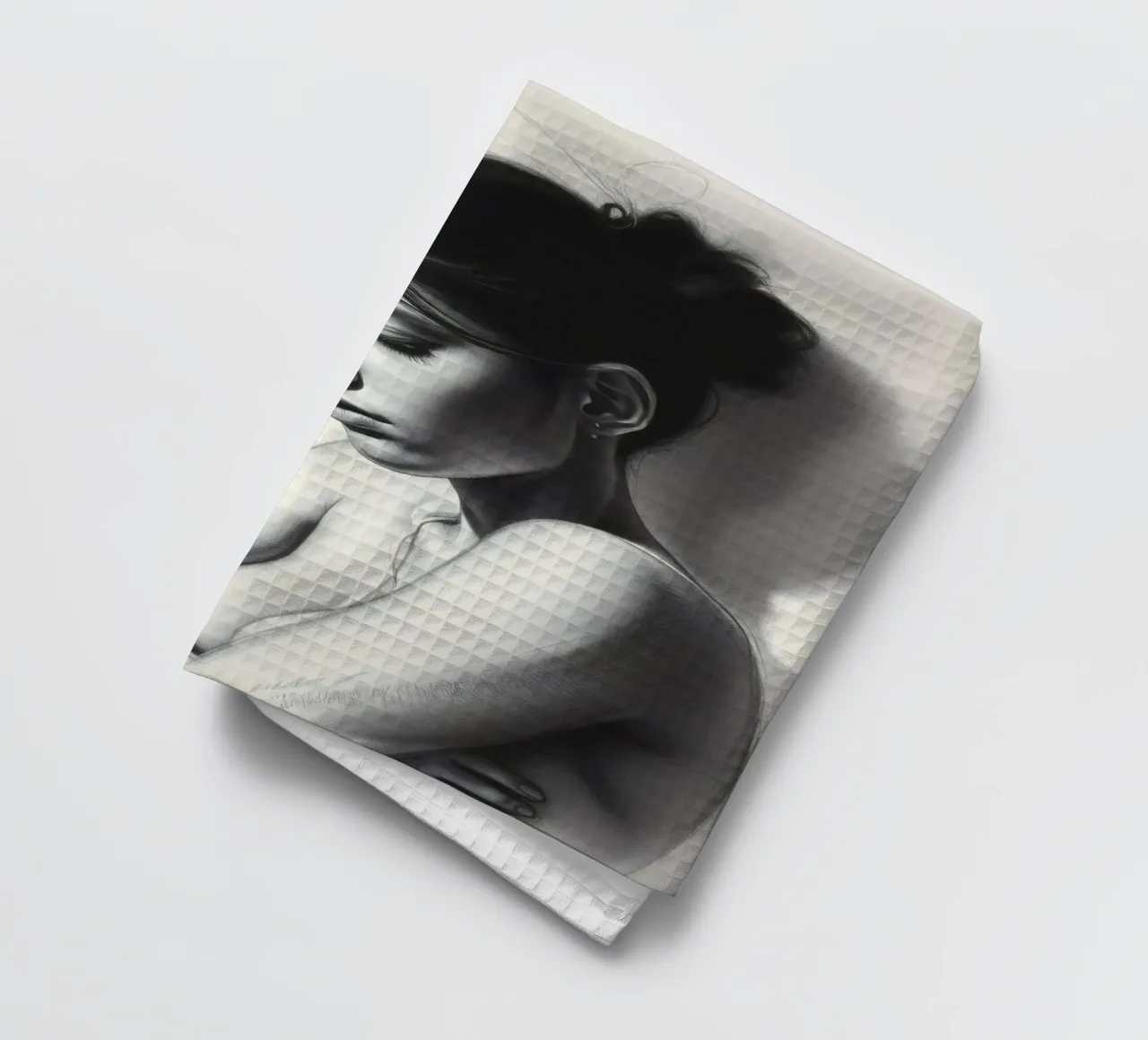 Femme prenant une pose réfléchie avec des ombres subtiles et une lumière douce torchon de DesignDoodle