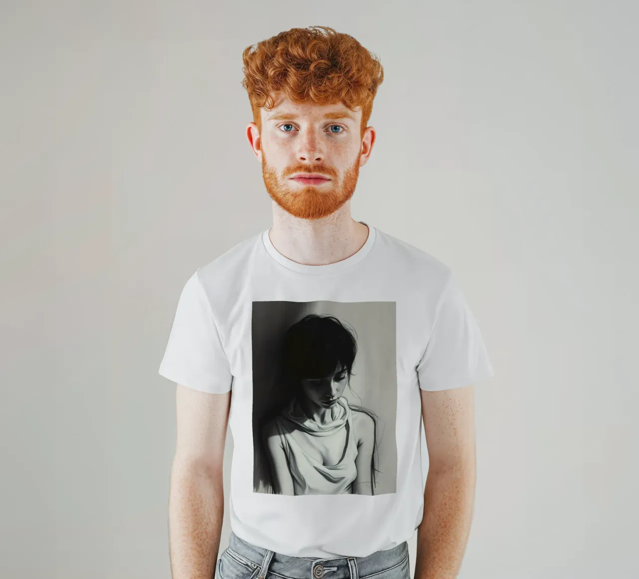 Giovane donna in posa riflessiva su uno sfondo scuro t-shirt da DesignDoodle