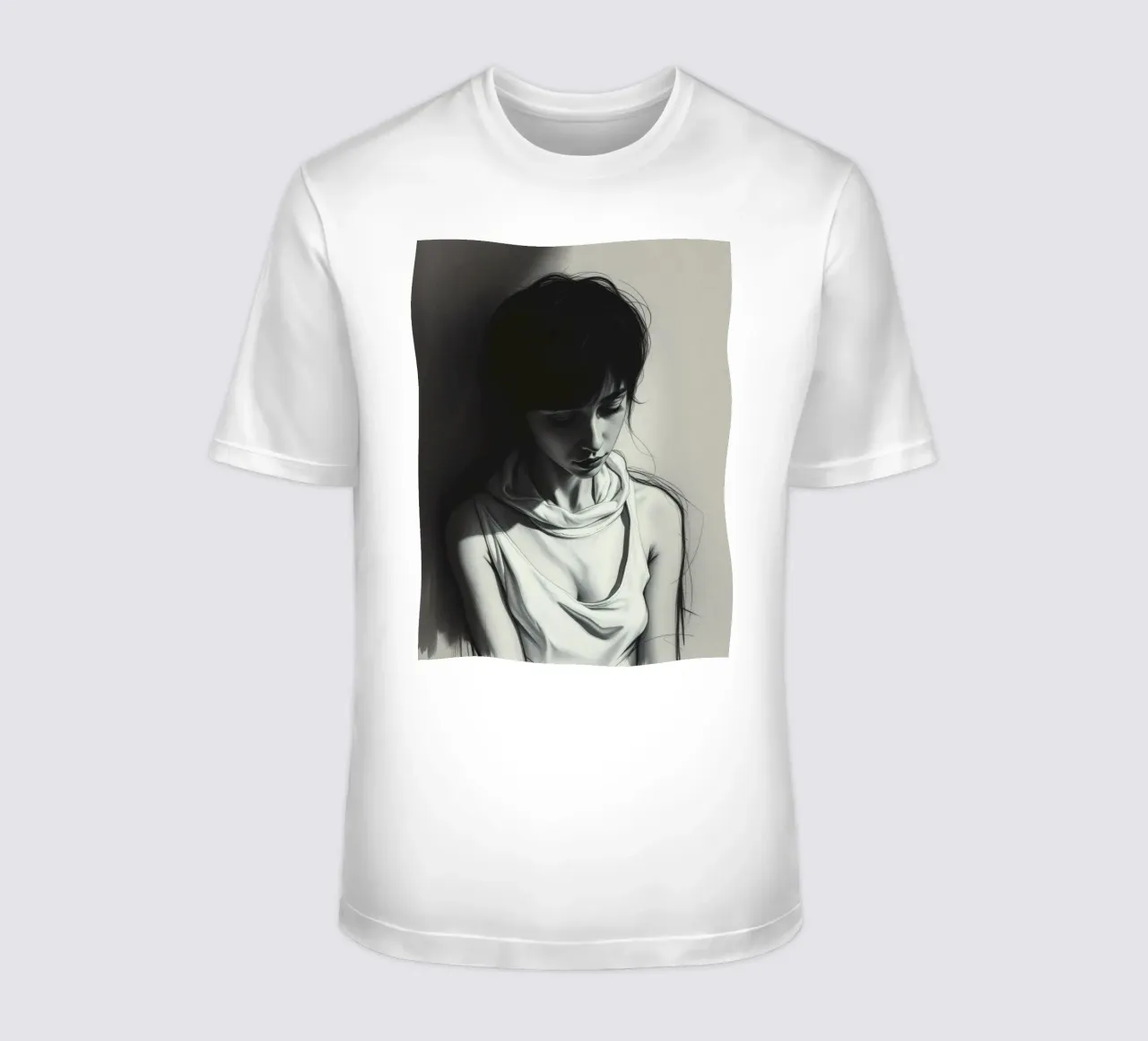 Giovane donna in posa riflessiva su uno sfondo scuro t-shirt da DesignDoodle