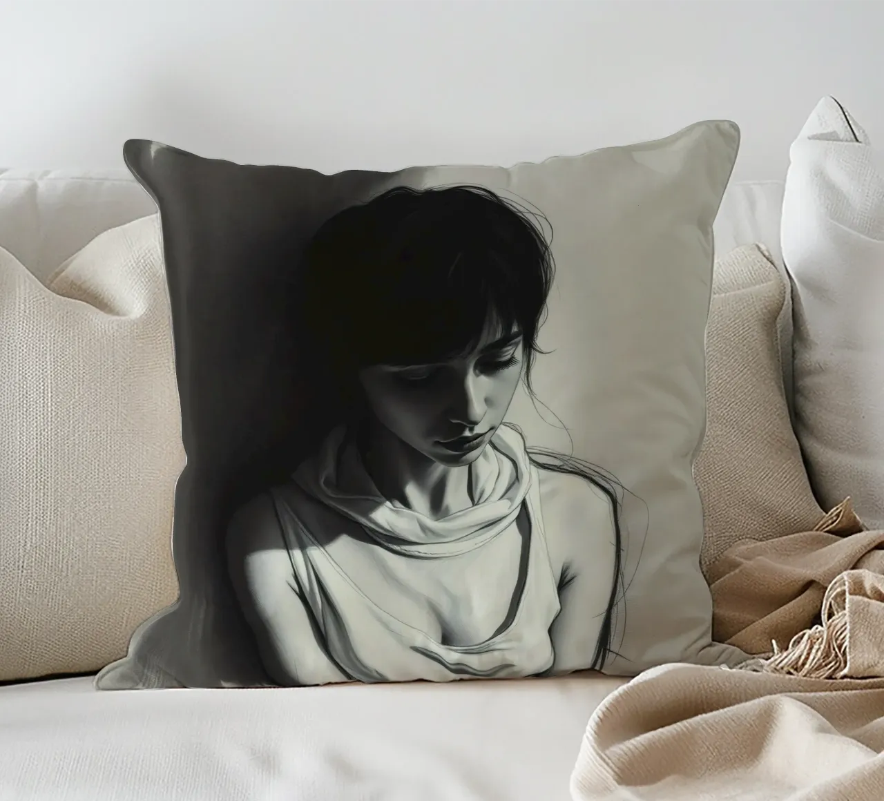 Giovane donna in posa riflessiva su uno sfondo scuro cuscino da DesignDoodle