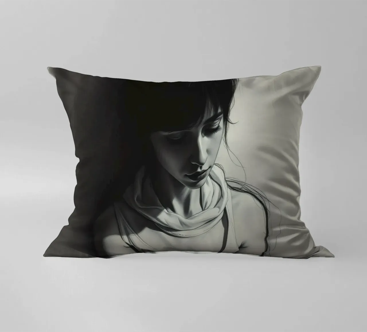 Giovane donna in posa riflessiva su uno sfondo scuro cuscino da DesignDoodle
