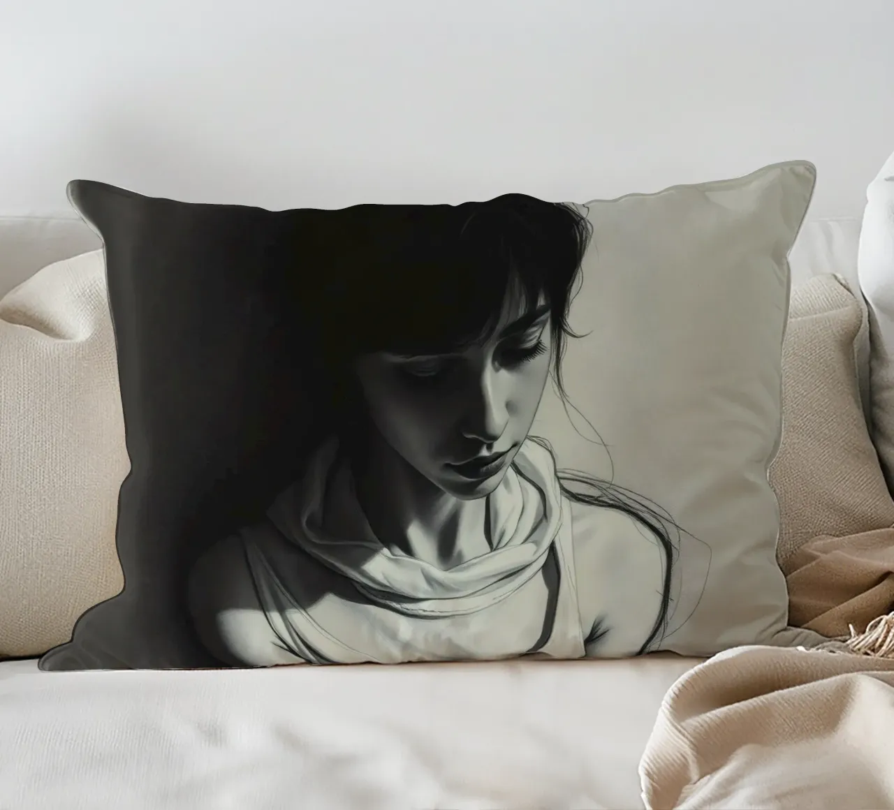 Giovane donna in posa riflessiva su uno sfondo scuro cuscino da DesignDoodle