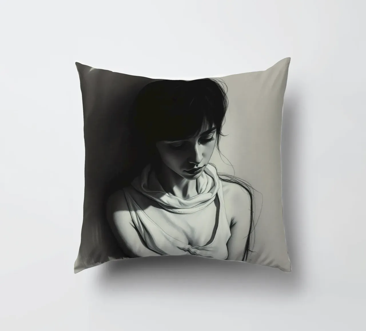 Giovane donna in posa riflessiva su uno sfondo scuro cuscino da DesignDoodle