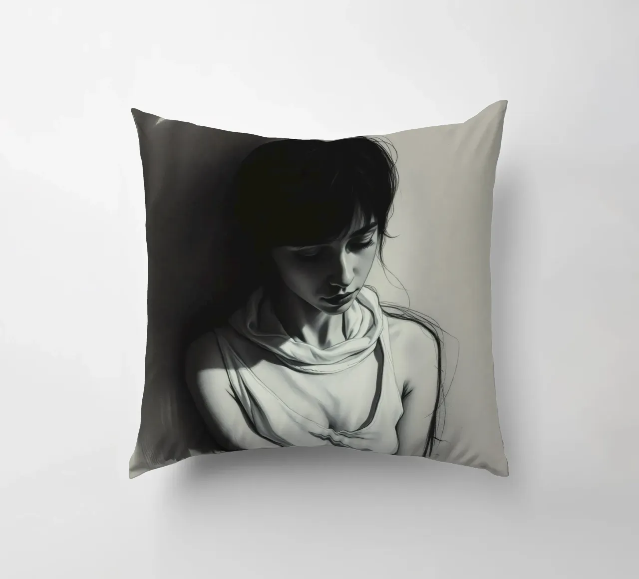 Giovane donna in posa riflessiva su uno sfondo scuro cuscino da DesignDoodle