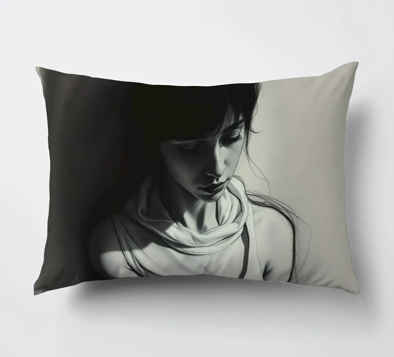 Giovane donna in posa riflessiva su uno sfondo scuro cuscino da DesignDoodle